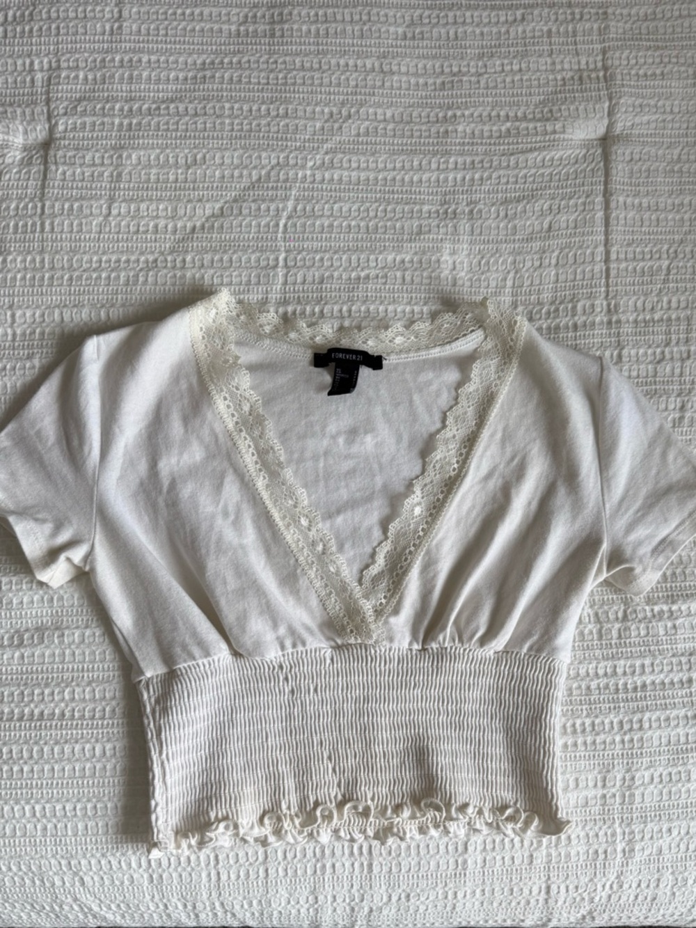 Forever 21 Cream Lace-Trim Ribbed Waist Crop Top